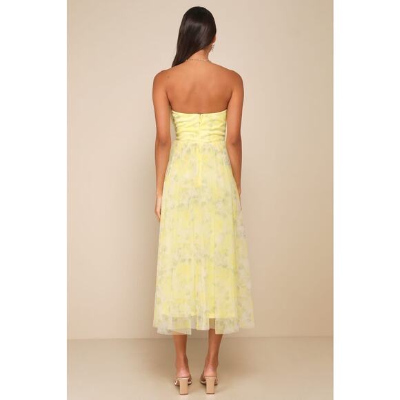 NWT Lulus Perfect Whimsy Yellow Floral Mesh Strapless Midi Dress Tube Size XL - Picture 8 of 10